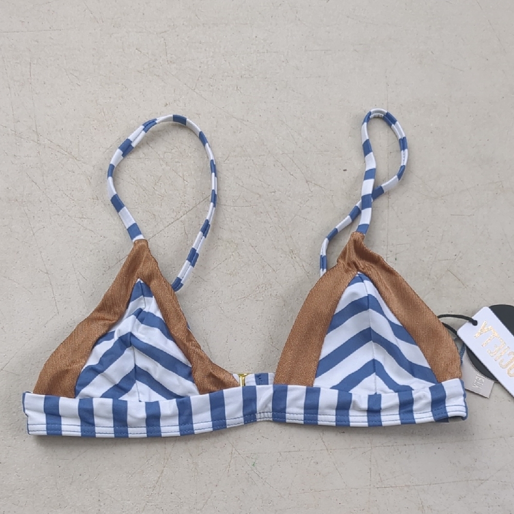 Amuse Society Blue, White & Brown Striped Triangle Bikini Top
